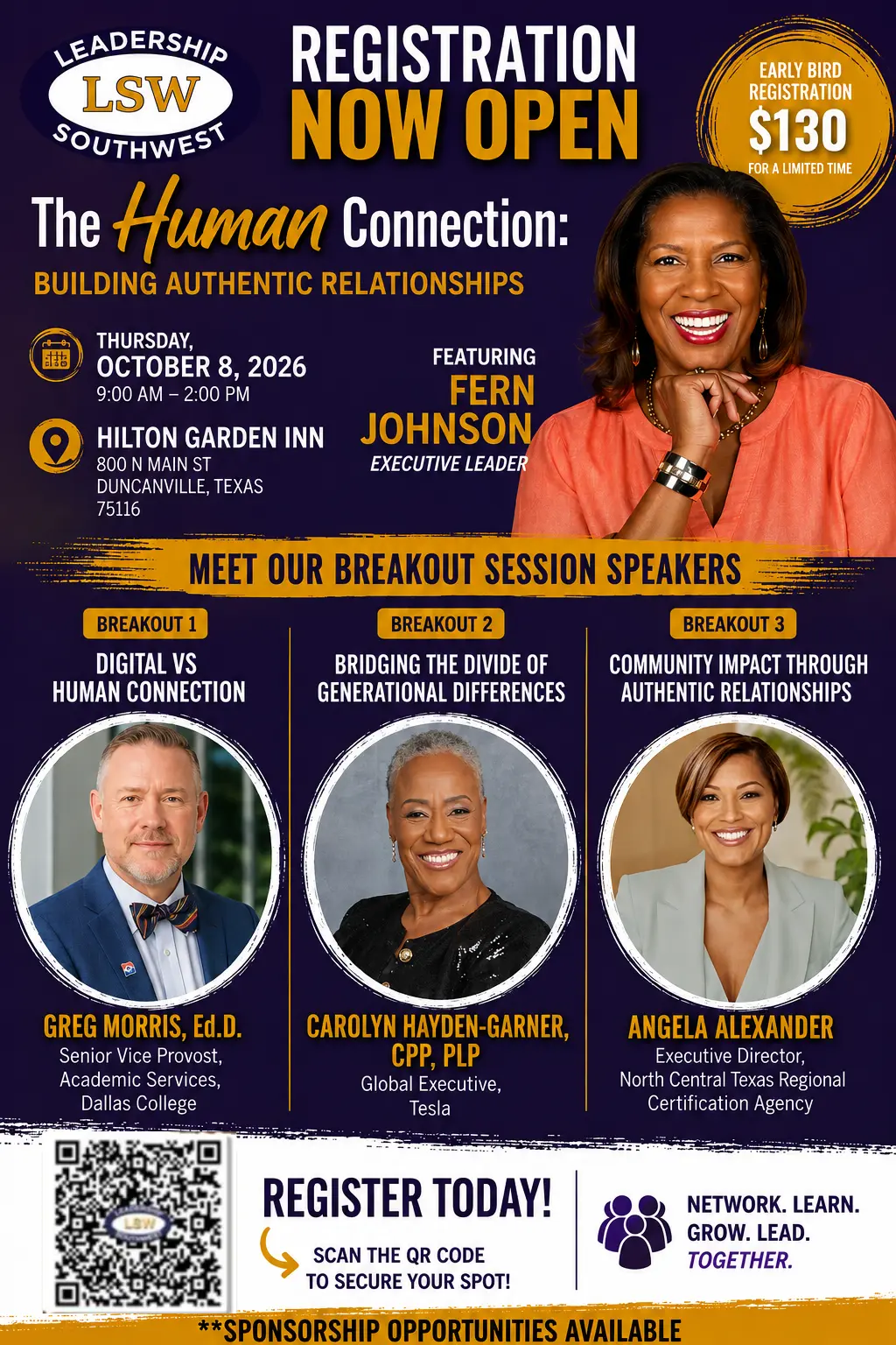 Leadership Southwest Human Connection conference flyer featuring Carolyn Hayden-Garner as a breakout session speaker